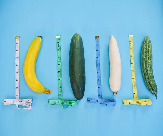 Phallic fruits and vegetables placed alongside measuring tape